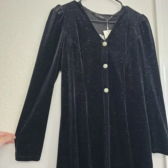 Black Velvet Mini Dress Button Front Long Sleeve Sparkle Holiday Party Cocktail - Picture 4 of 16
